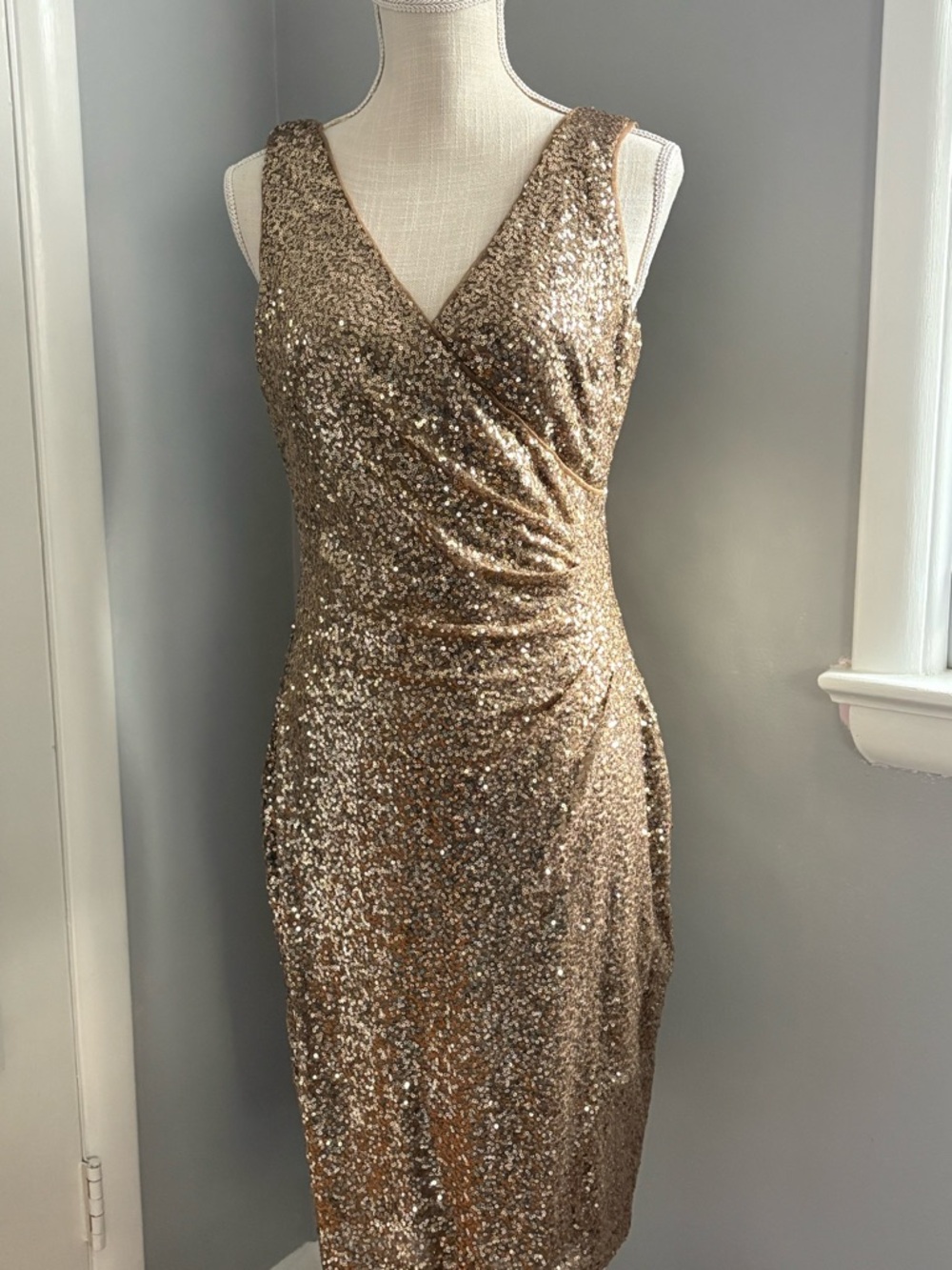 Ralph Lauren, Gold Sequin V-Neck Midi Dress, 8